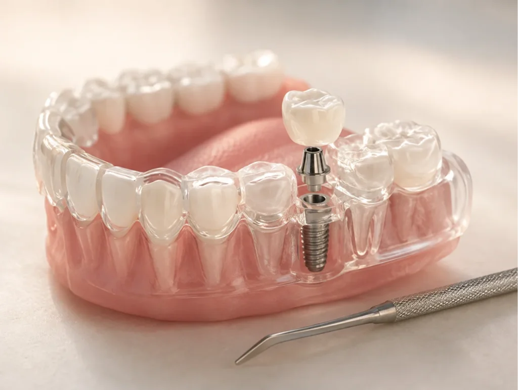 Dental implant with a natural-looking crown replacing a missing tooth
