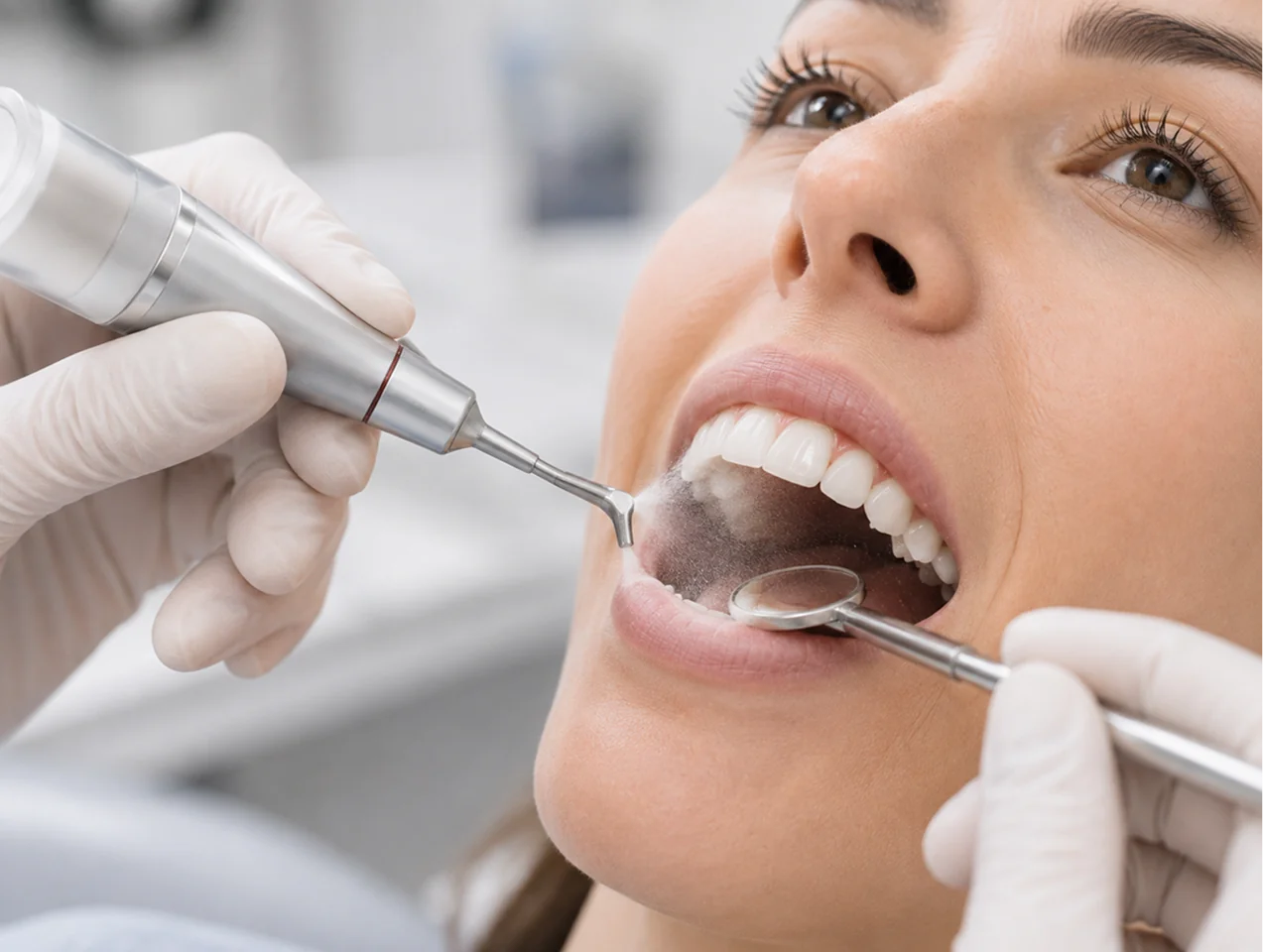 Dental hygienist cleaning a patient’s teeth to protect gum health